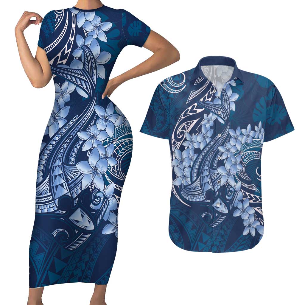 Navy Blue Polynesia Hammerhead Shark Tattoo With Plumeria Lei Couples Matching Short Sleeve Bodycon Dress and Hawaiian Shirt LT14 Navy Blue - Polynesian Pride