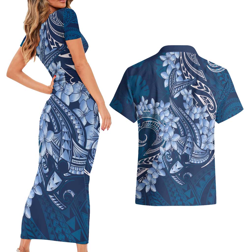 Navy Blue Polynesia Hammerhead Shark Tattoo With Plumeria Lei Couples Matching Short Sleeve Bodycon Dress and Hawaiian Shirt LT14 - Polynesian Pride