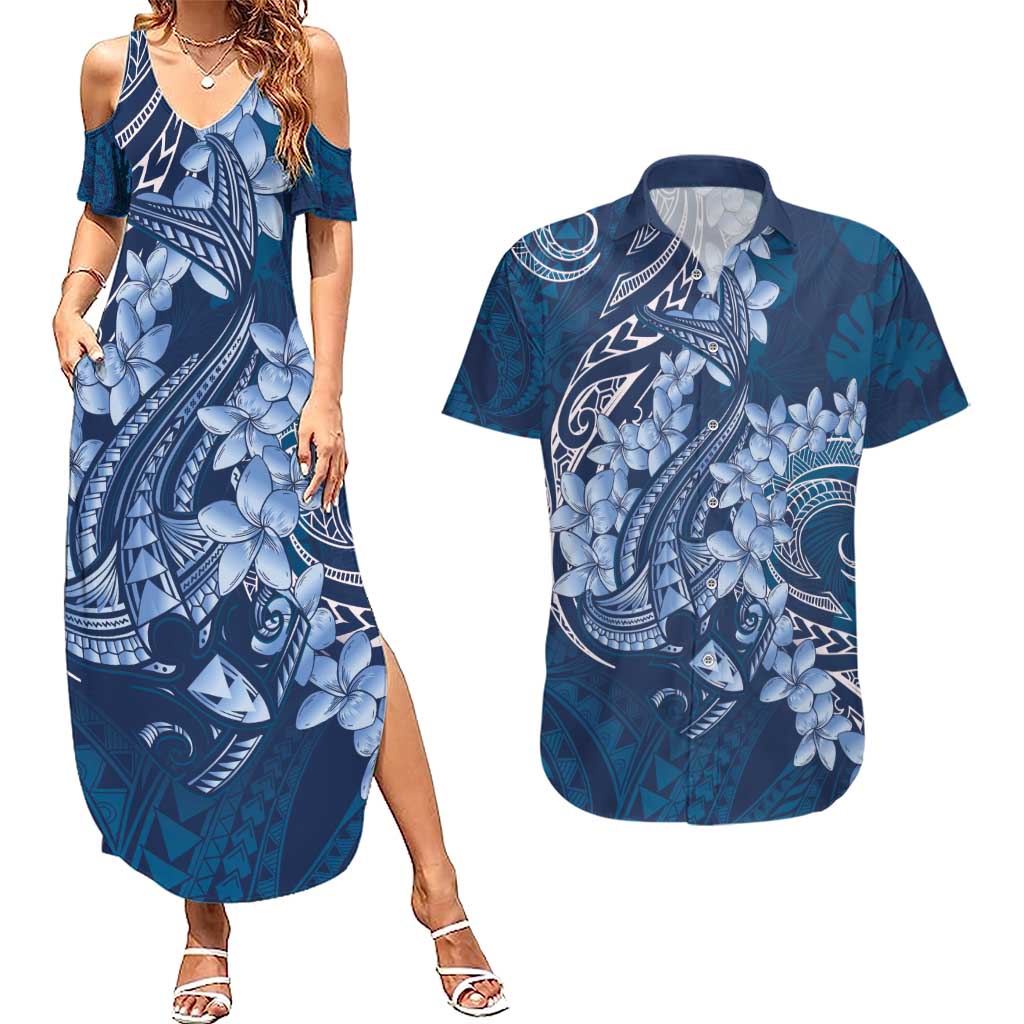 Navy Blue Polynesia Hammerhead Shark Tattoo With Plumeria Lei Couples Matching Summer Maxi Dress and Hawaiian Shirt LT14 Navy Blue - Polynesian Pride