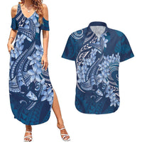 Navy Blue Polynesia Hammerhead Shark Tattoo With Plumeria Lei Couples Matching Summer Maxi Dress and Hawaiian Shirt LT14 Navy Blue - Polynesian Pride