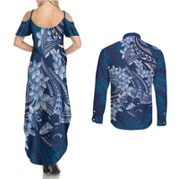 Navy Blue Polynesia Hammerhead Shark Tattoo With Plumeria Lei Couples Matching Summer Maxi Dress and Long Sleeve Button Shirt LT14 - Polynesian Pride
