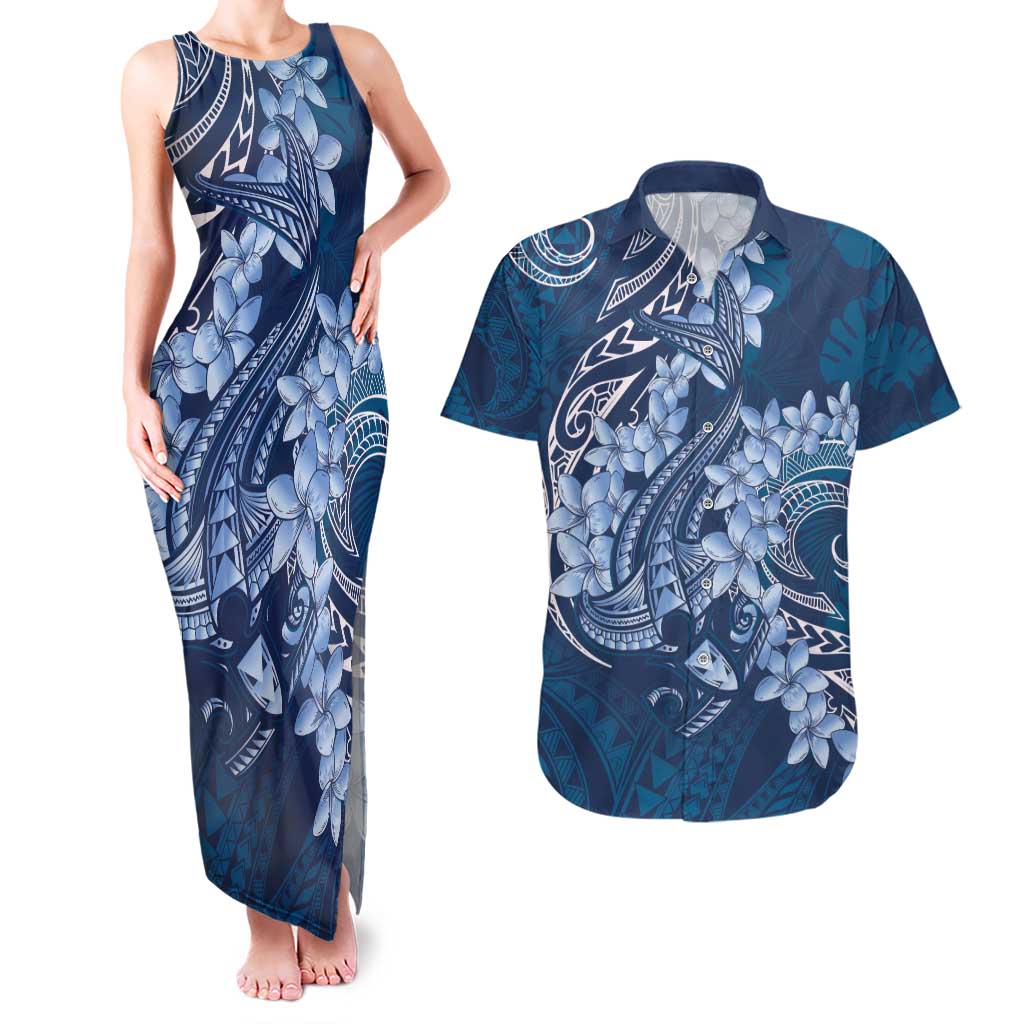 Navy Blue Polynesia Hammerhead Shark Tattoo With Plumeria Lei Couples Matching Tank Maxi Dress and Hawaiian Shirt LT14 Navy Blue - Polynesian Pride