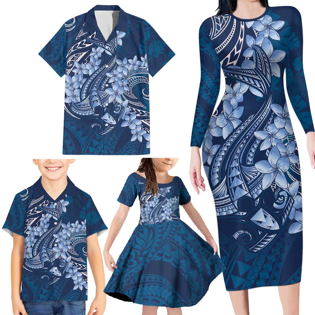 Navy Blue Polynesia Hammerhead Shark Tattoo With Plumeria Lei Family Matching Long Sleeve Bodycon Dress and Hawaiian Shirt LT14 - Polynesian Pride