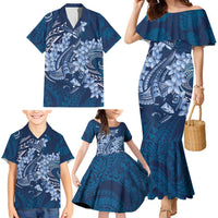 Navy Blue Polynesia Hammerhead Shark Tattoo With Plumeria Lei Family Matching Mermaid Dress and Hawaiian Shirt LT14 - Polynesian Pride