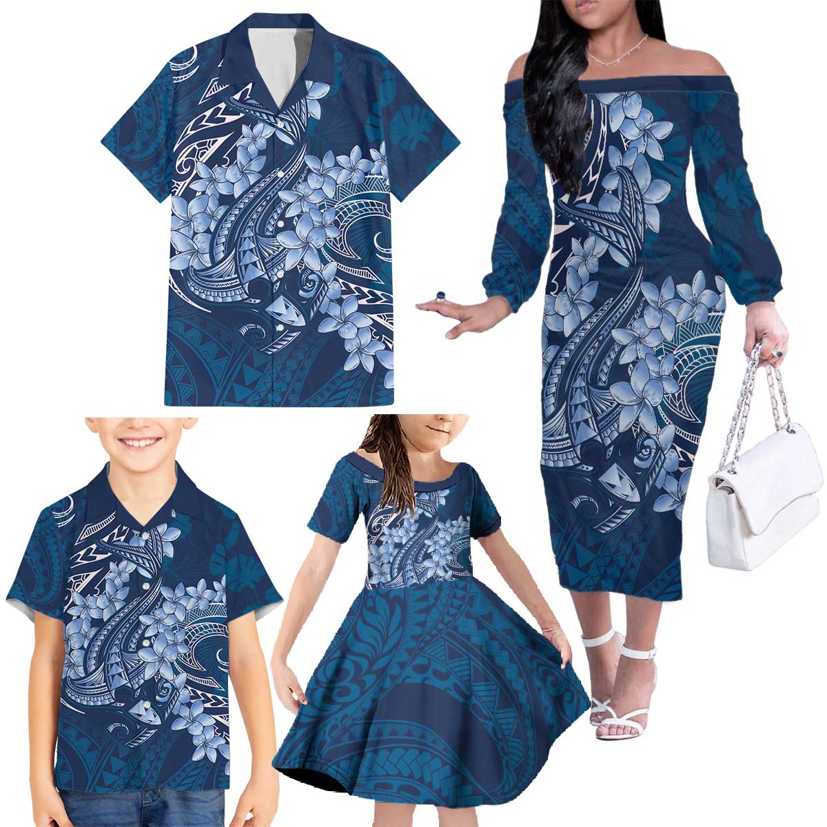 Navy Blue Polynesia Hammerhead Shark Tattoo With Plumeria Lei Family Matching Off The Shoulder Long Sleeve Dress and Hawaiian Shirt LT14 - Polynesian Pride