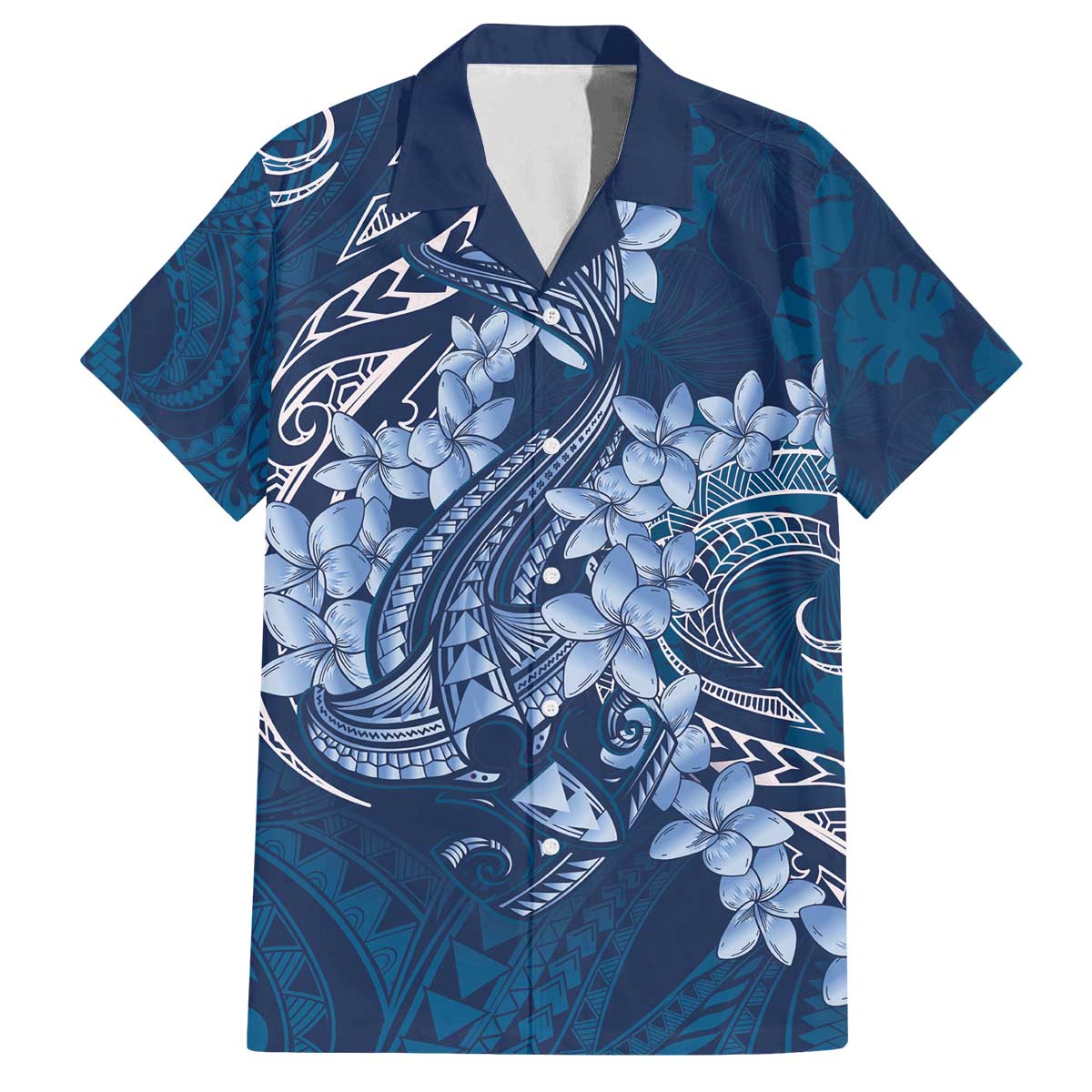 Navy Blue Polynesia Hammerhead Shark Tattoo With Plumeria Lei Family Matching Off The Shoulder Long Sleeve Dress and Hawaiian Shirt LT14 Dad's Shirt - Short Sleeve Navy Blue - Polynesian Pride