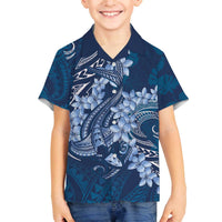 Navy Blue Polynesia Hammerhead Shark Tattoo With Plumeria Lei Family Matching Off The Shoulder Long Sleeve Dress and Hawaiian Shirt LT14 Son's Shirt Navy Blue - Polynesian Pride