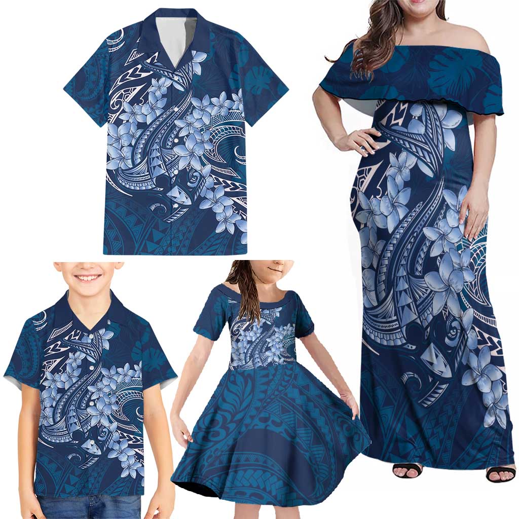 Navy Blue Polynesia Hammerhead Shark Tattoo With Plumeria Lei Family Matching Off Shoulder Maxi Dress and Hawaiian Shirt LT14 - Polynesian Pride