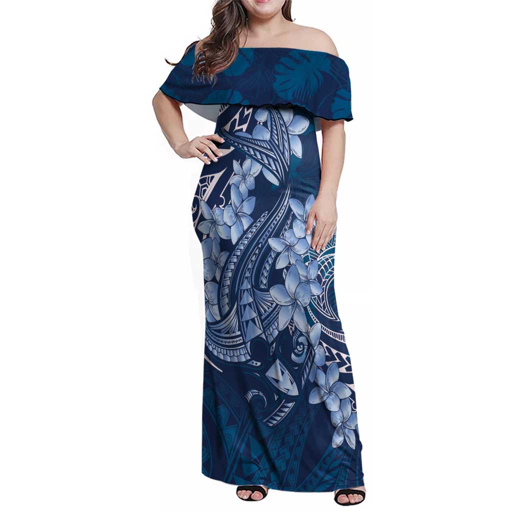 Navy Blue Polynesia Hammerhead Shark Tattoo With Plumeria Lei Family Matching Off Shoulder Maxi Dress and Hawaiian Shirt LT14 Mom's Dress Navy Blue - Polynesian Pride