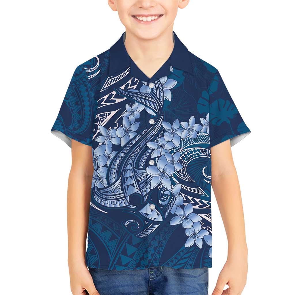 Navy Blue Polynesia Hammerhead Shark Tattoo With Plumeria Lei Family Matching Off Shoulder Maxi Dress and Hawaiian Shirt LT14 Son's Shirt Navy Blue - Polynesian Pride