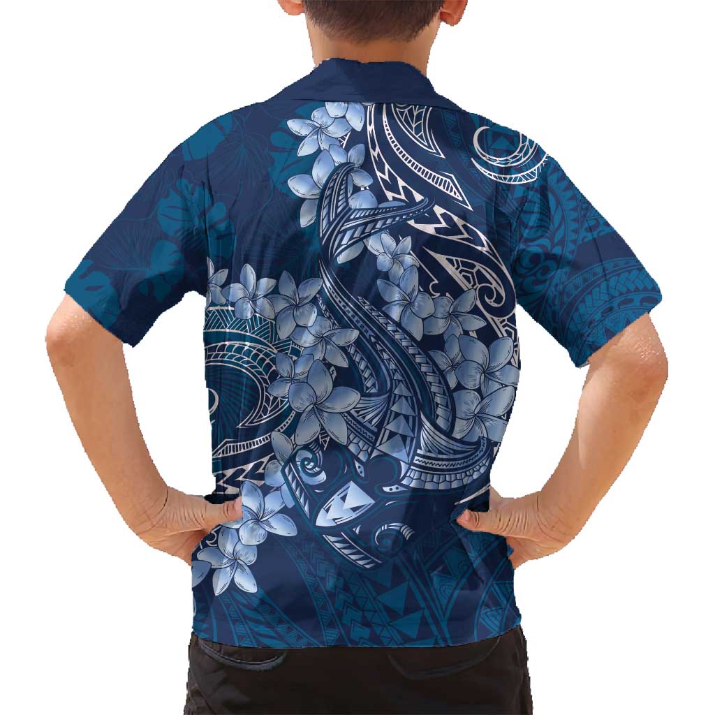 Navy Blue Polynesia Hammerhead Shark Tattoo With Plumeria Lei Family Matching Off Shoulder Short Dress and Hawaiian Shirt LT14 - Polynesian Pride