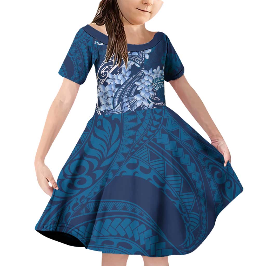 Navy Blue Polynesia Hammerhead Shark Tattoo With Plumeria Lei Family Matching Off Shoulder Short Dress and Hawaiian Shirt LT14 Daughter's Dress Navy Blue - Polynesian Pride
