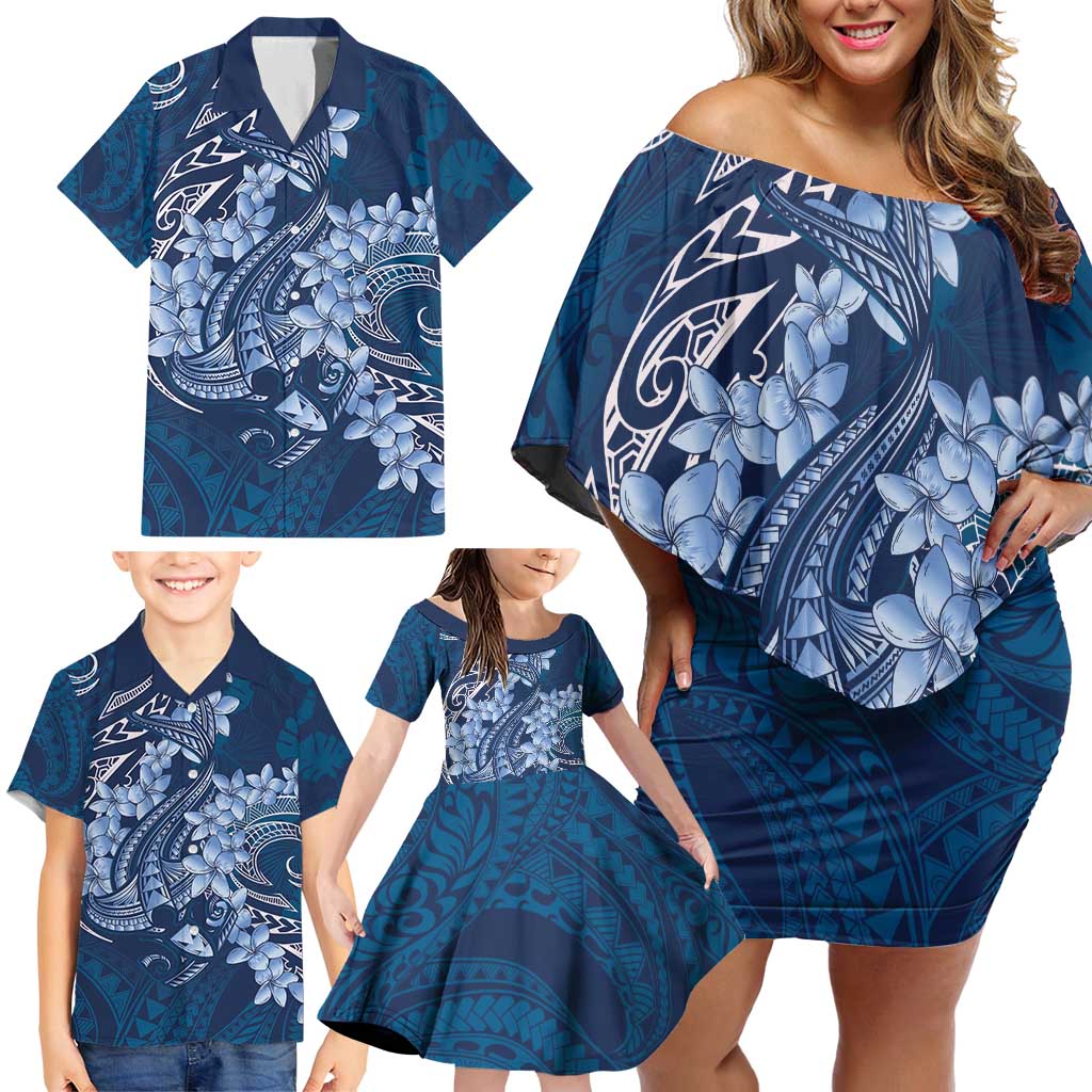 Navy Blue Polynesia Hammerhead Shark Tattoo With Plumeria Lei Family Matching Off Shoulder Short Dress and Hawaiian Shirt LT14 - Polynesian Pride