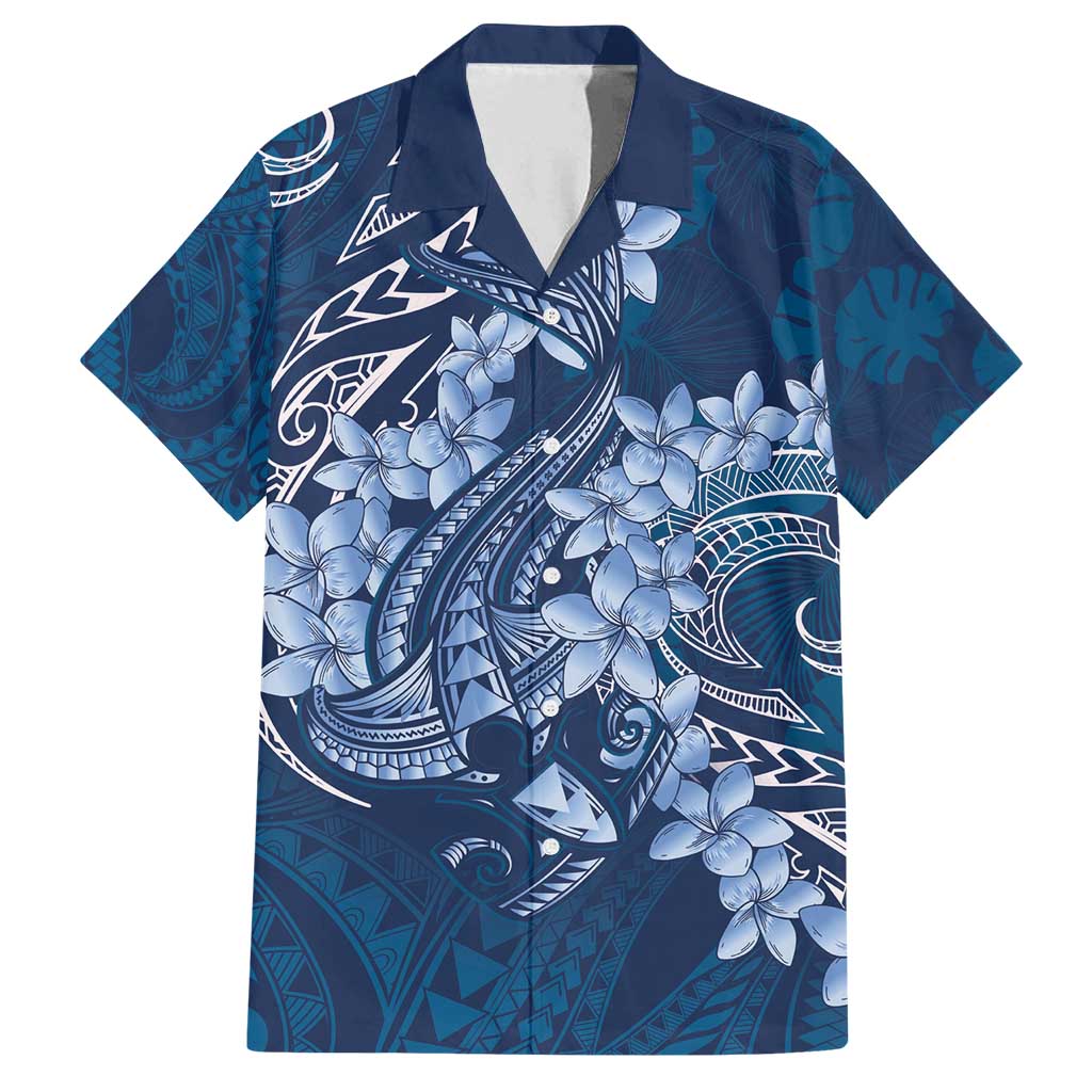 Navy Blue Polynesia Hammerhead Shark Tattoo With Plumeria Lei Family Matching Off Shoulder Short Dress and Hawaiian Shirt LT14 Dad's Shirt - Short Sleeve Navy Blue - Polynesian Pride