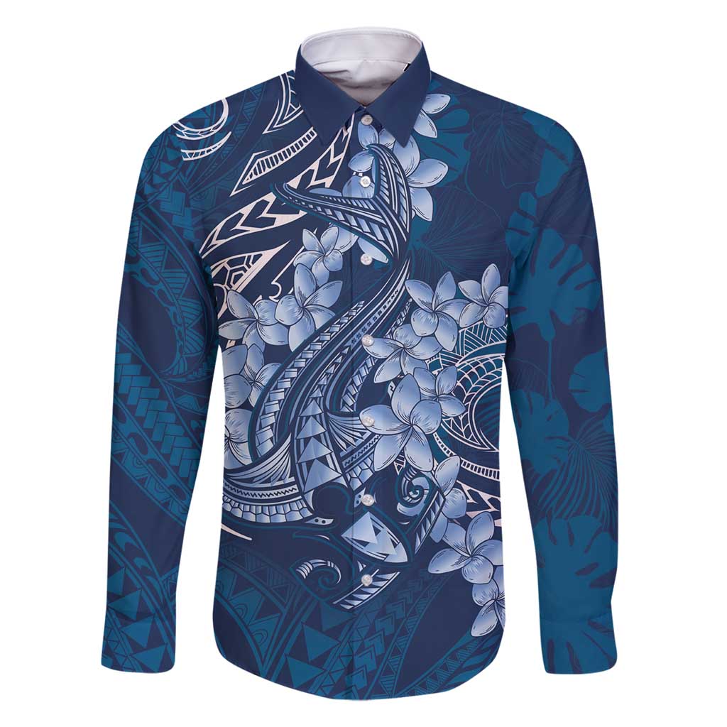 Navy Blue Polynesia Hammerhead Shark Tattoo With Plumeria Lei Family Matching Off Shoulder Short Dress and Hawaiian Shirt LT14 Dad's Shirt - Long Sleeve Navy Blue - Polynesian Pride