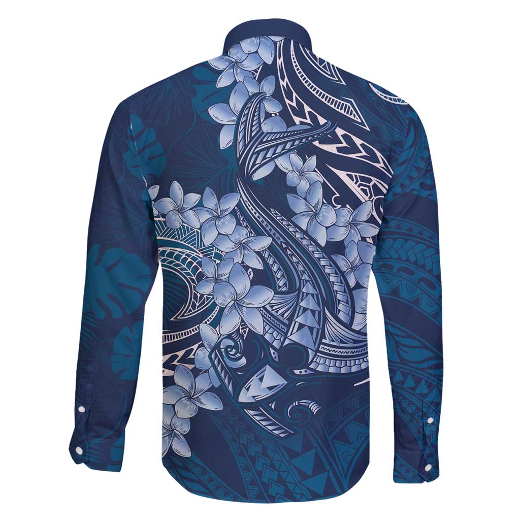 Navy Blue Polynesia Hammerhead Shark Tattoo With Plumeria Lei Family Matching Off Shoulder Short Dress and Hawaiian Shirt LT14 - Polynesian Pride