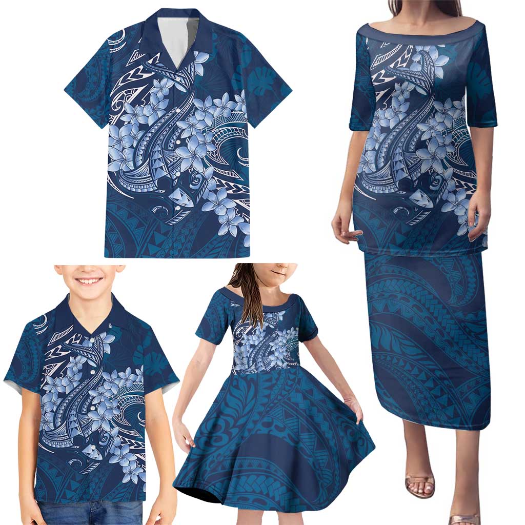 Navy Blue Polynesia Hammerhead Shark Tattoo With Plumeria Lei Family Matching Puletasi and Hawaiian Shirt LT14 - Polynesian Pride