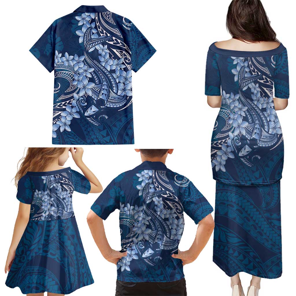 Navy Blue Polynesia Hammerhead Shark Tattoo With Plumeria Lei Family Matching Puletasi and Hawaiian Shirt LT14 - Polynesian Pride