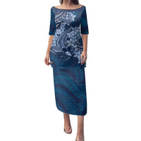 Navy Blue Polynesia Hammerhead Shark Tattoo With Plumeria Lei Family Matching Puletasi and Hawaiian Shirt LT14 Mom's Dress Navy Blue - Polynesian Pride