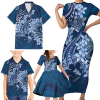 Navy Blue Polynesia Hammerhead Shark Tattoo With Plumeria Lei Family Matching Short Sleeve Bodycon Dress and Hawaiian Shirt LT14 - Polynesian Pride