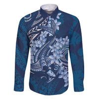 Navy Blue Polynesia Hammerhead Shark Tattoo With Plumeria Lei Family Matching Short Sleeve Bodycon Dress and Hawaiian Shirt LT14 Dad's Shirt - Long Sleeve Navy Blue - Polynesian Pride