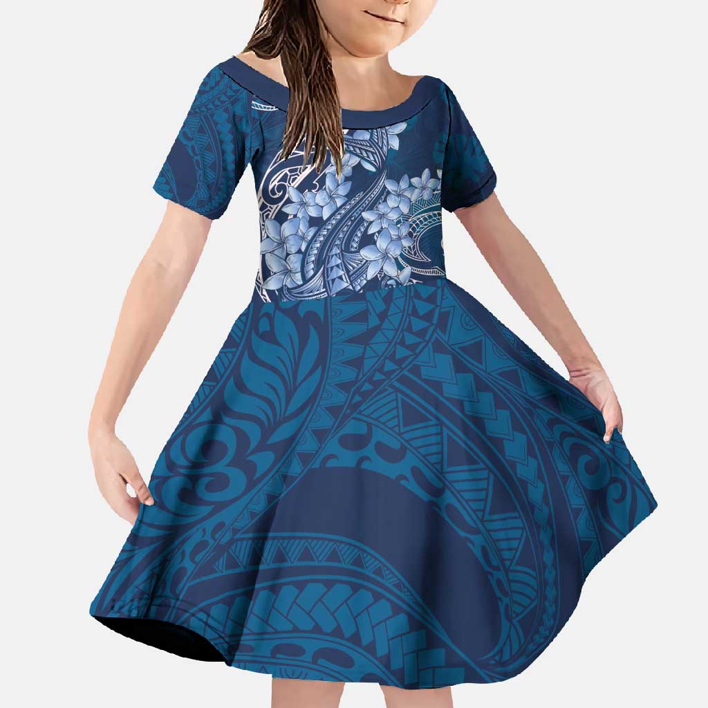 Navy Blue Polynesia Hammerhead Shark Tattoo With Plumeria Lei Family Matching Summer Maxi Dress and Hawaiian Shirt LT14 Daughter's Dress Navy Blue - Polynesian Pride