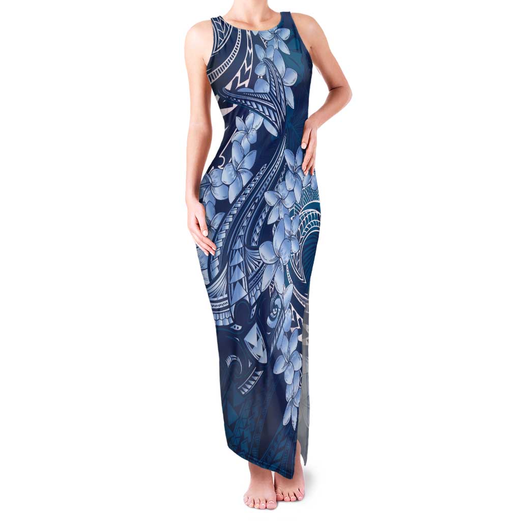Navy Blue Polynesia Hammerhead Shark Tattoo With Plumeria Lei Family Matching Tank Maxi Dress and Hawaiian Shirt LT14 Mom's Dress Navy Blue - Polynesian Pride