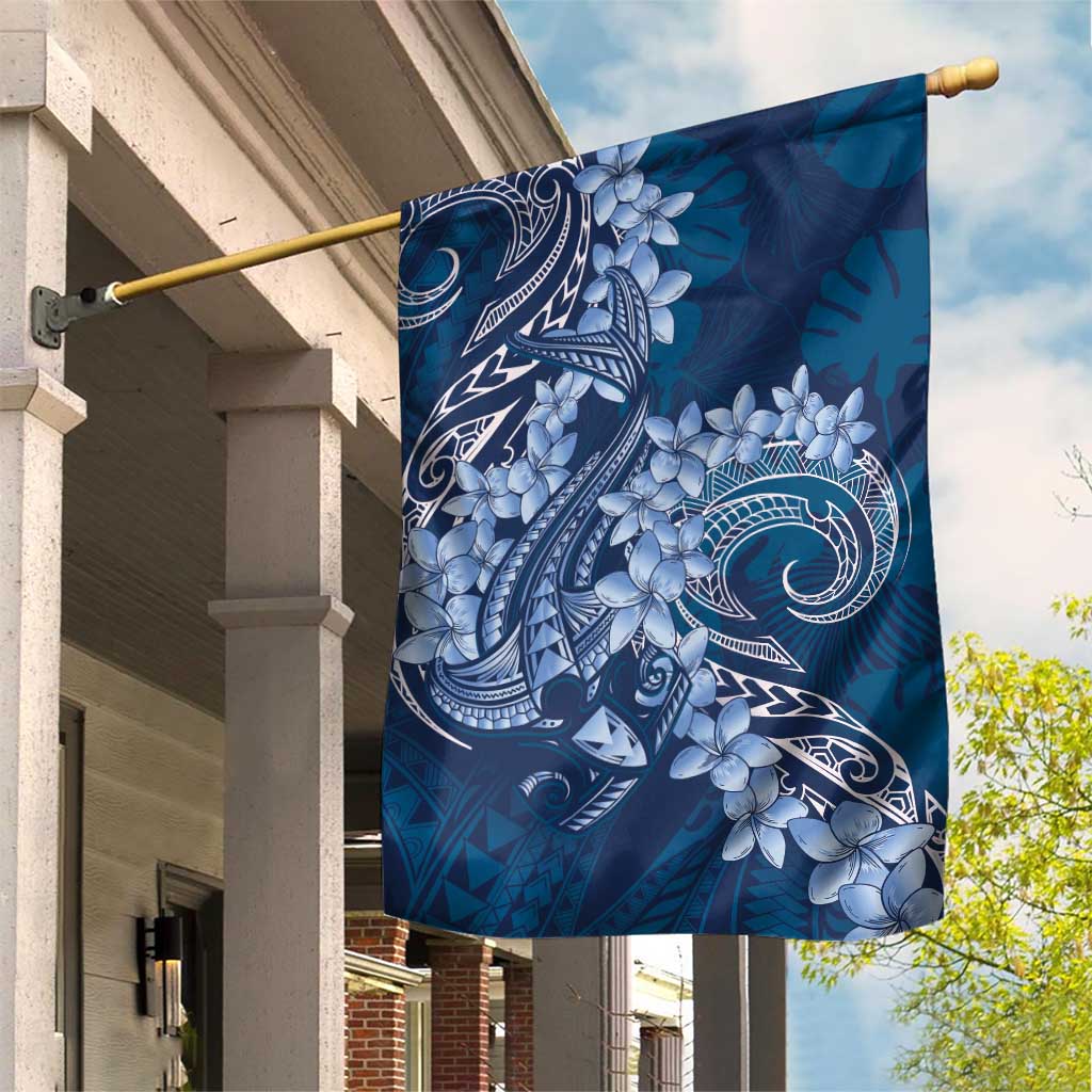 Navy Blue Polynesia Hammerhead Shark Tattoo With Plumeria Lei Garden Flag LT14 House Flag Navy Blue - Polynesian Pride