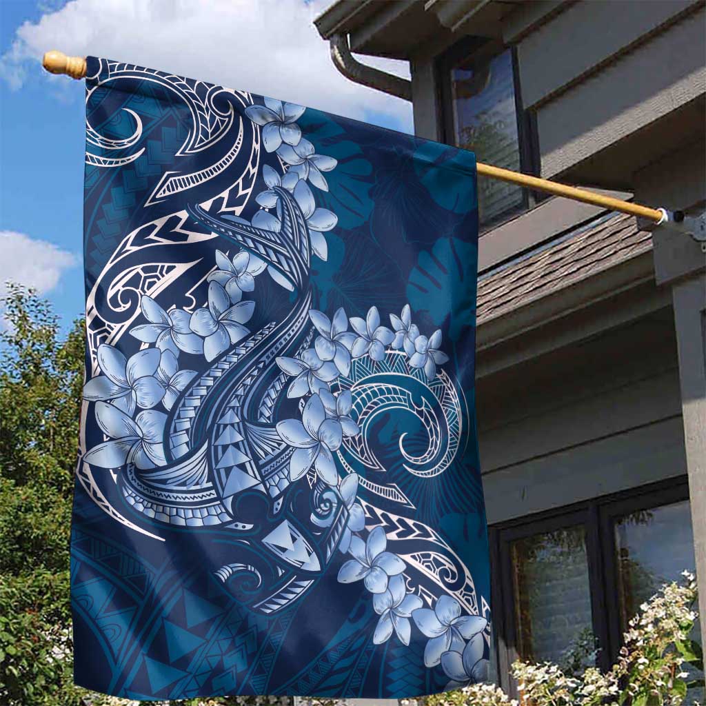 Navy Blue Polynesia Hammerhead Shark Tattoo With Plumeria Lei Garden Flag LT14 - Polynesian Pride