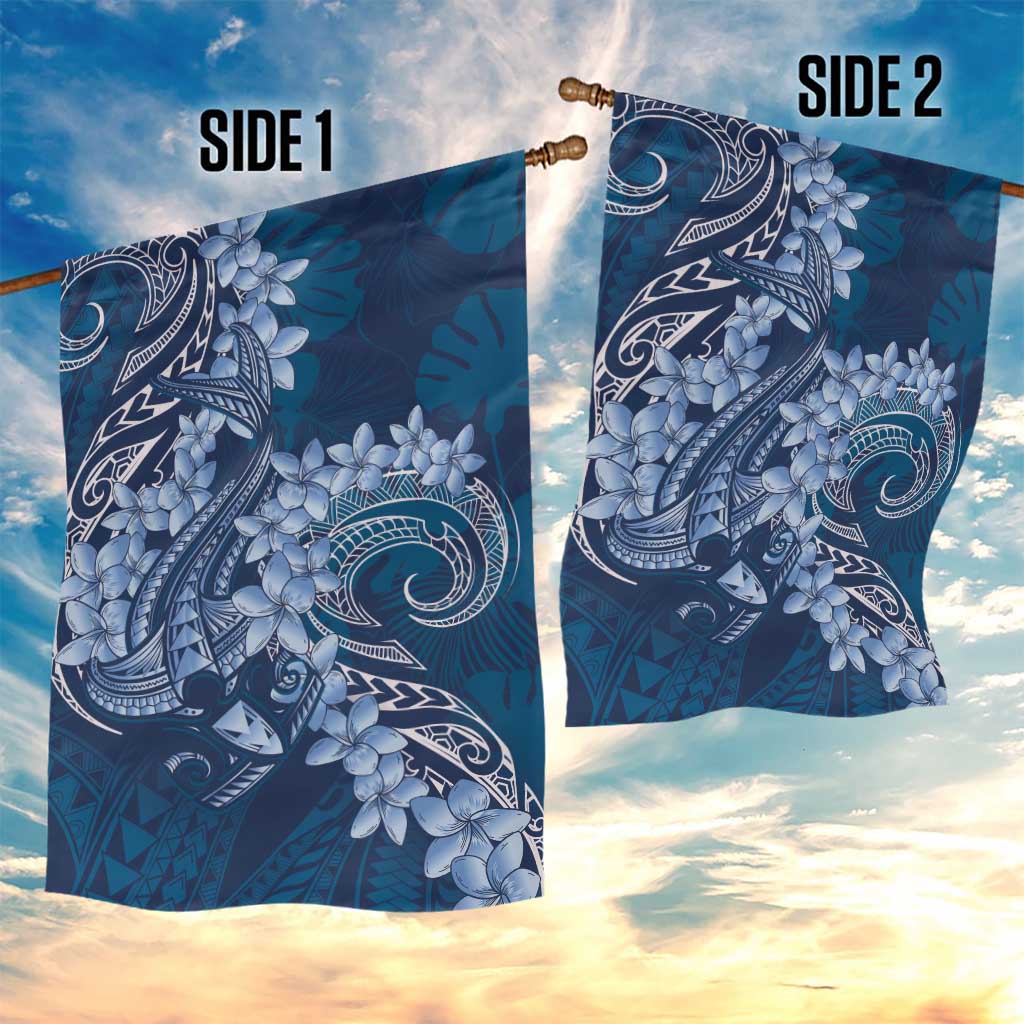 Navy Blue Polynesia Hammerhead Shark Tattoo With Plumeria Lei Garden Flag LT14 - Polynesian Pride