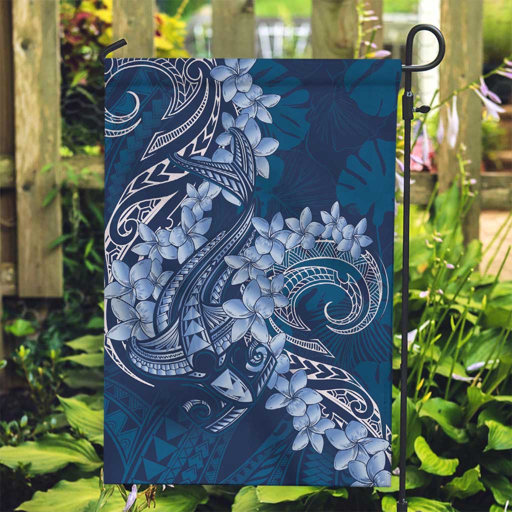 Navy Blue Polynesia Hammerhead Shark Tattoo With Plumeria Lei Garden Flag LT14 Garden Flag Navy Blue - Polynesian Pride