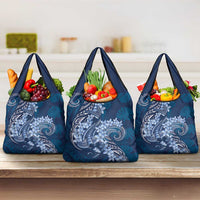 Navy Blue Polynesia Hammerhead Shark Tattoo With Plumeria Lei Grocery Bag