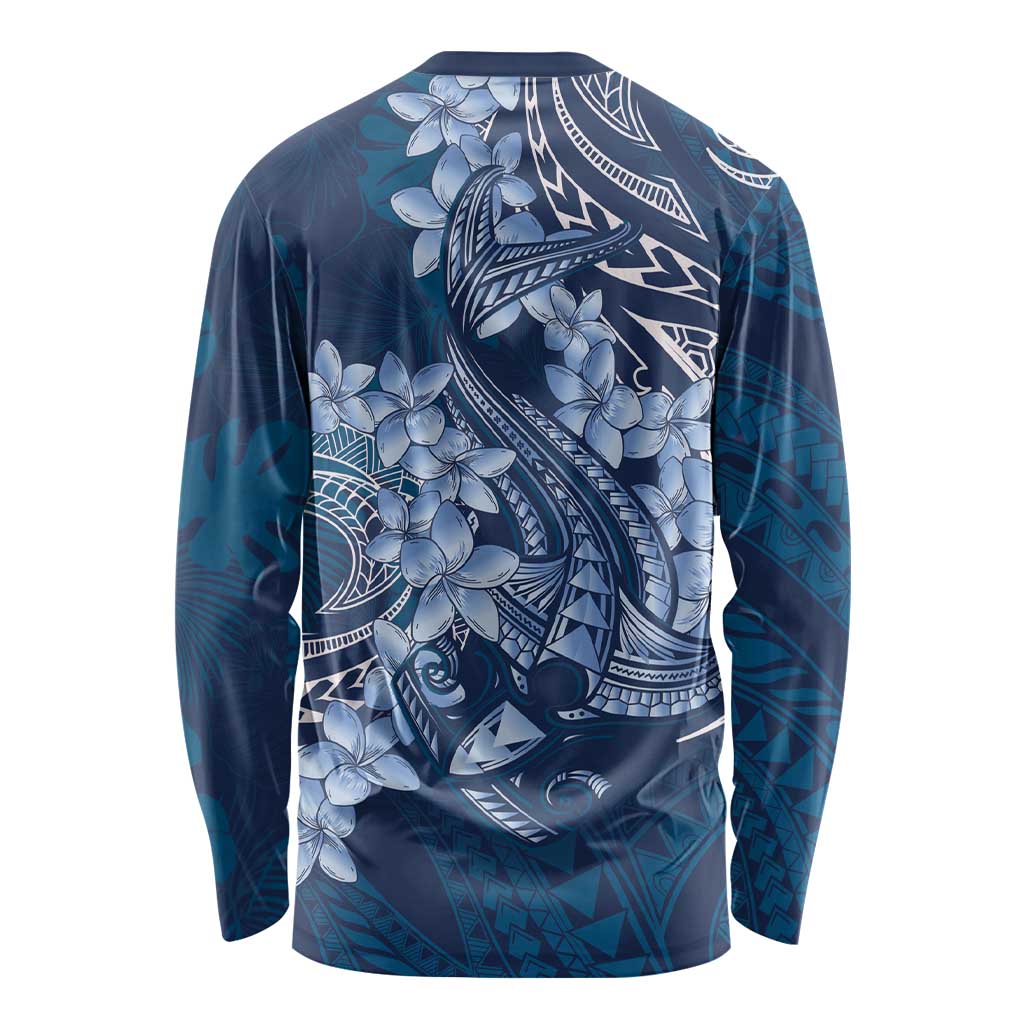 Navy Blue Polynesia Hammerhead Shark Tattoo With Plumeria Lei Long Sleeve Shirt