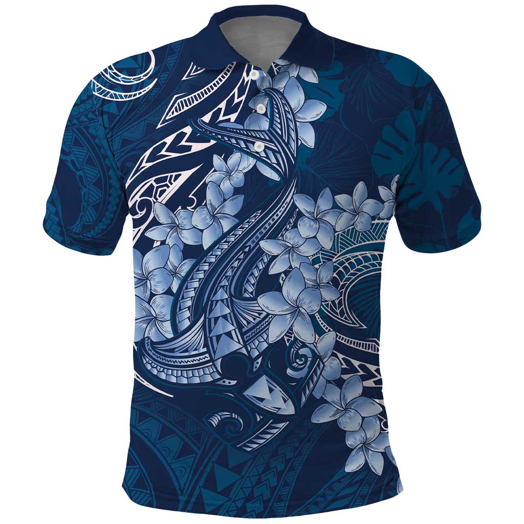 Navy Blue Polynesia Hammerhead Shark Tattoo With Plumeria Lei Polo Shirt LT14 Navy Blue - Polynesian Pride