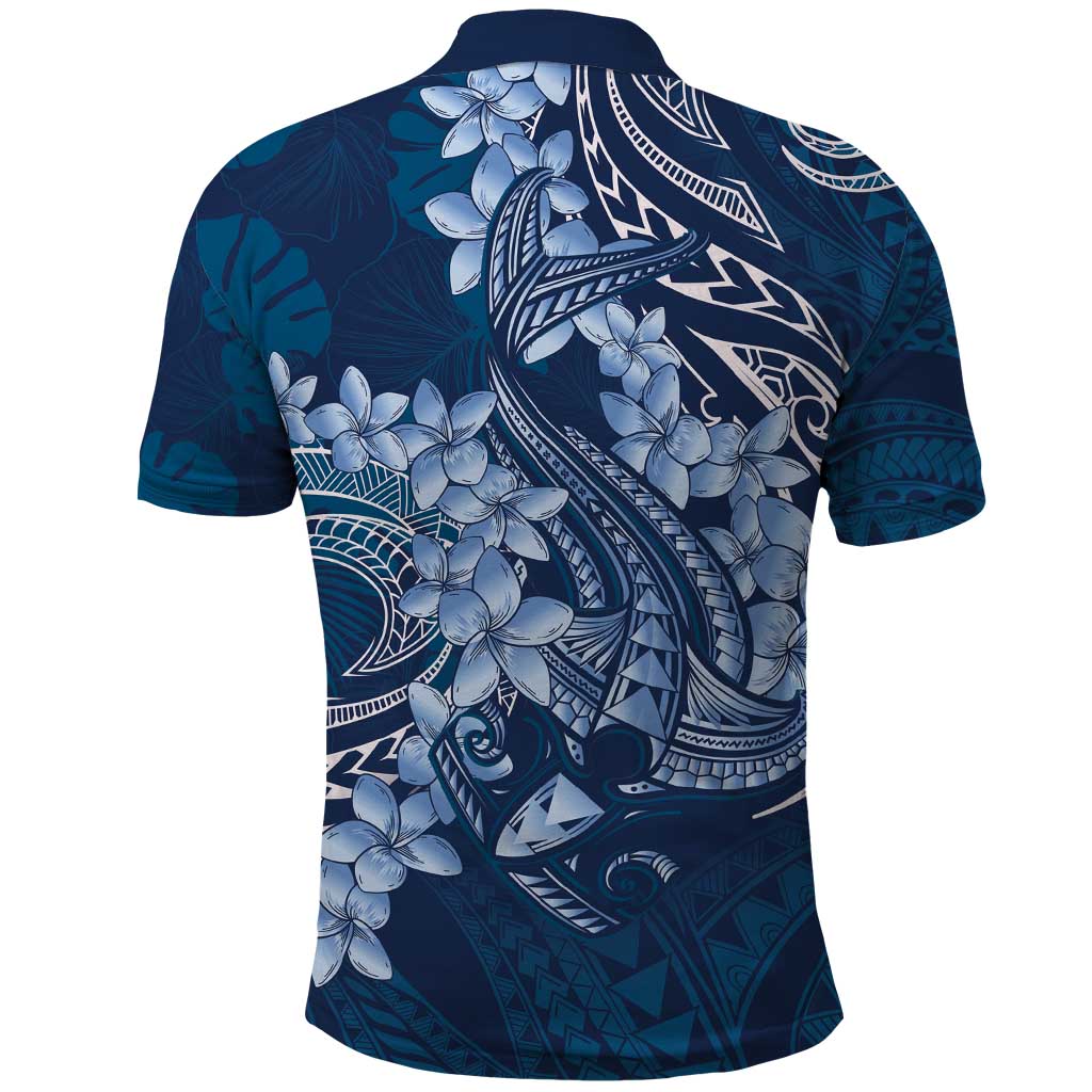 Navy Blue Polynesia Hammerhead Shark Tattoo With Plumeria Lei Polo Shirt LT14 - Polynesian Pride