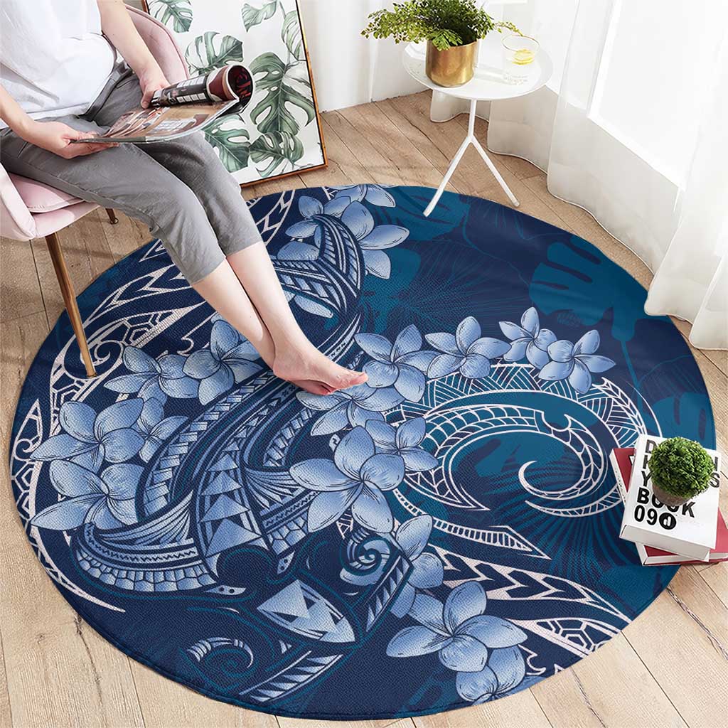 Navy Blue Polynesia Hammerhead Shark Tattoo With Plumeria Lei Round Carpet LT14 - Polynesian Pride