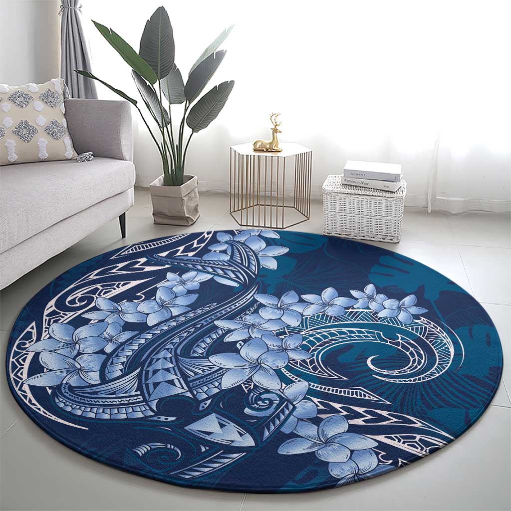 Navy Blue Polynesia Hammerhead Shark Tattoo With Plumeria Lei Round Carpet LT14 - Polynesian Pride