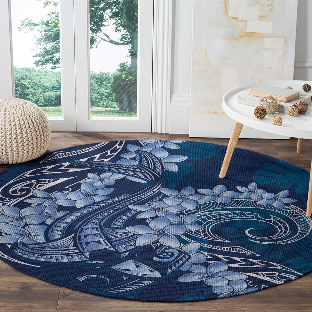 Navy Blue Polynesia Hammerhead Shark Tattoo With Plumeria Lei Round Carpet LT14 - Polynesian Pride