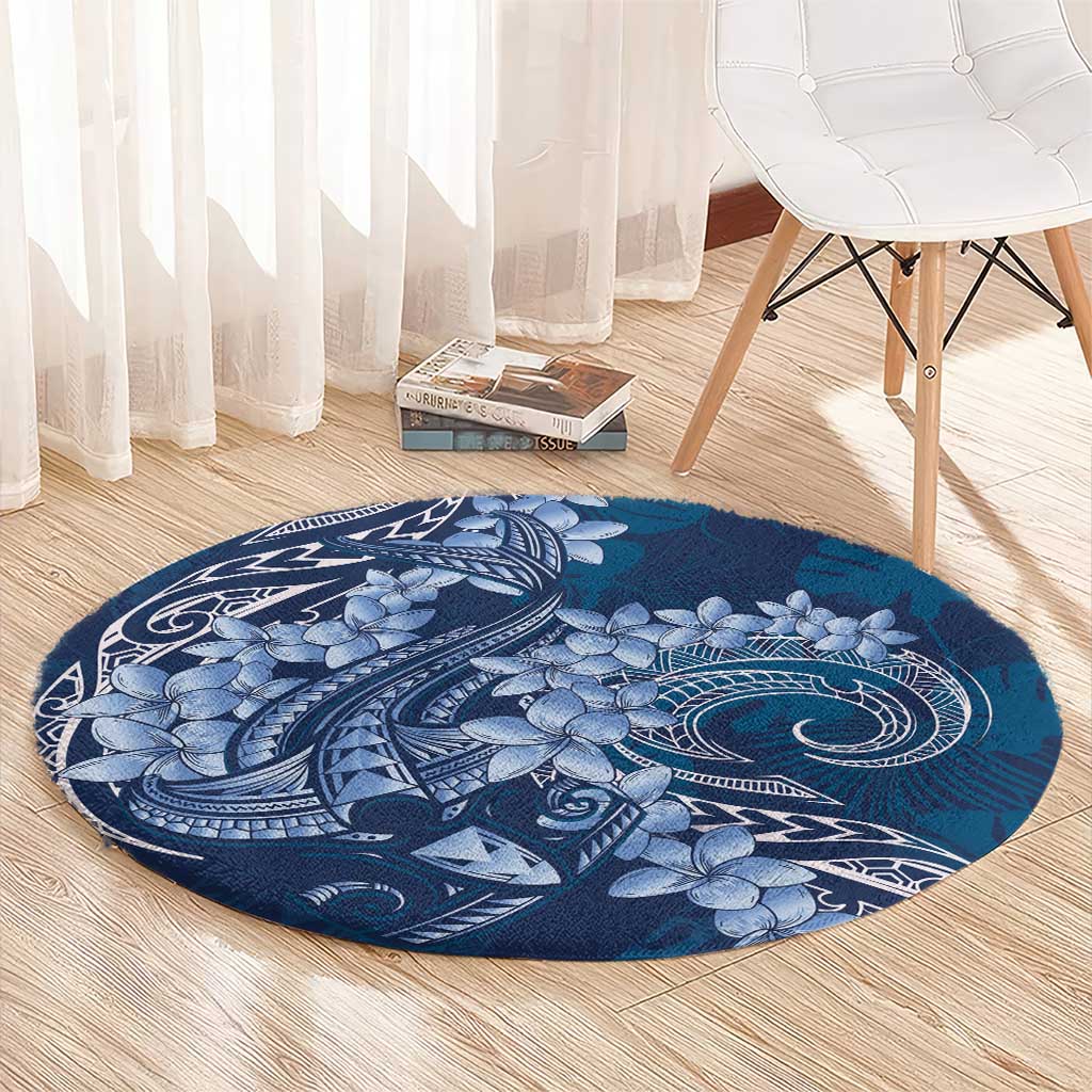 Navy Blue Polynesia Hammerhead Shark Tattoo With Plumeria Lei Round Carpet LT14 - Polynesian Pride