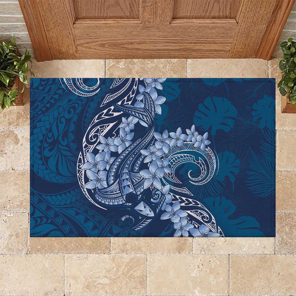 Navy Blue Polynesia Hammerhead Shark Tattoo With Plumeria Lei Rubber Doormat
