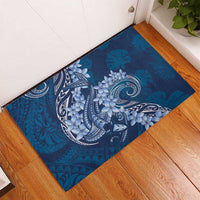 Navy Blue Polynesia Hammerhead Shark Tattoo With Plumeria Lei Rubber Doormat