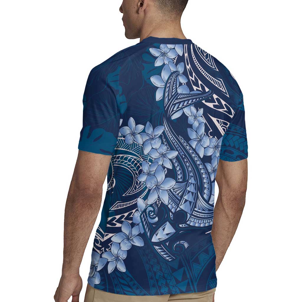 Navy Blue Polynesia Hammerhead Shark Tattoo With Plumeria Lei Rugby Jersey LT14 - Polynesian Pride