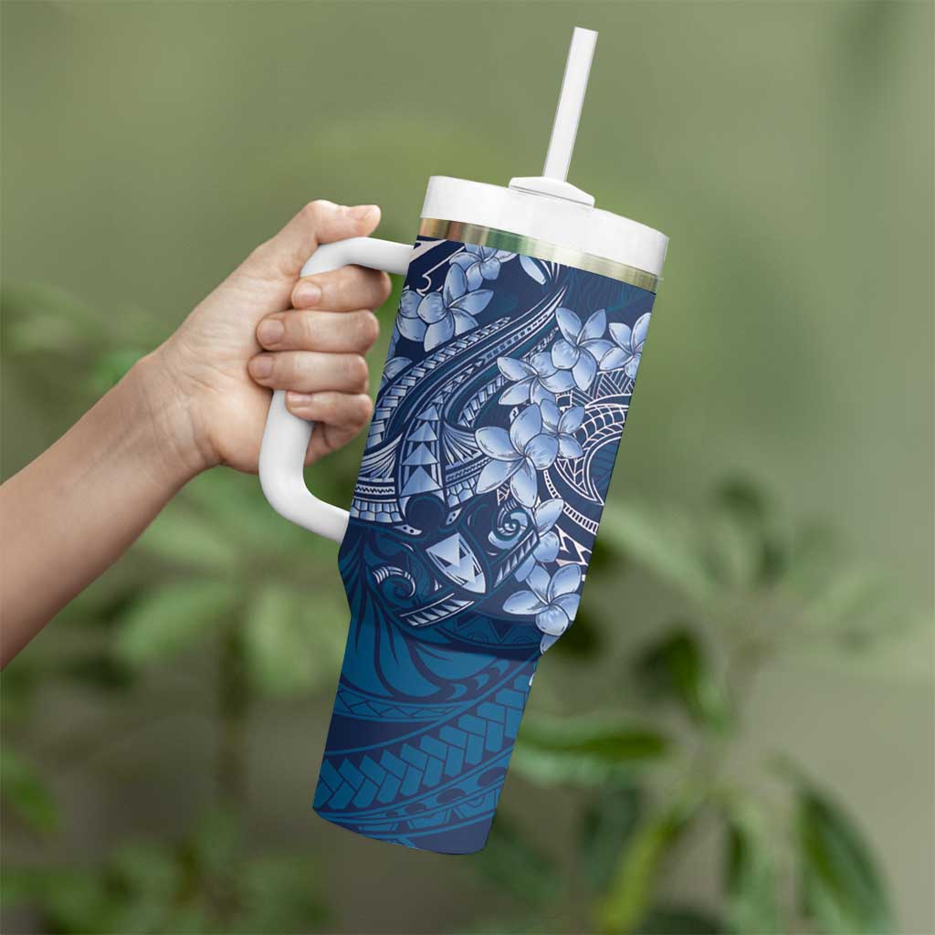 Navy Blue Polynesia Hammerhead Shark Tattoo With Plumeria Lei Tumbler With Handle