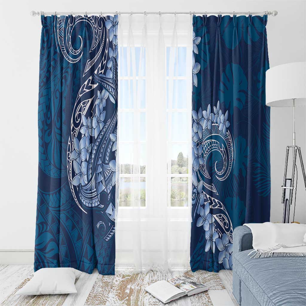 Navy Blue Polynesia Hammerhead Shark Tattoo With Plumeria Lei Window Curtain LT14 - Polynesian Pride