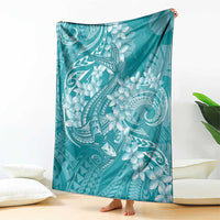 Teal Polynesia Hammerhead Shark Tattoo With Plumeria Lei Blanket