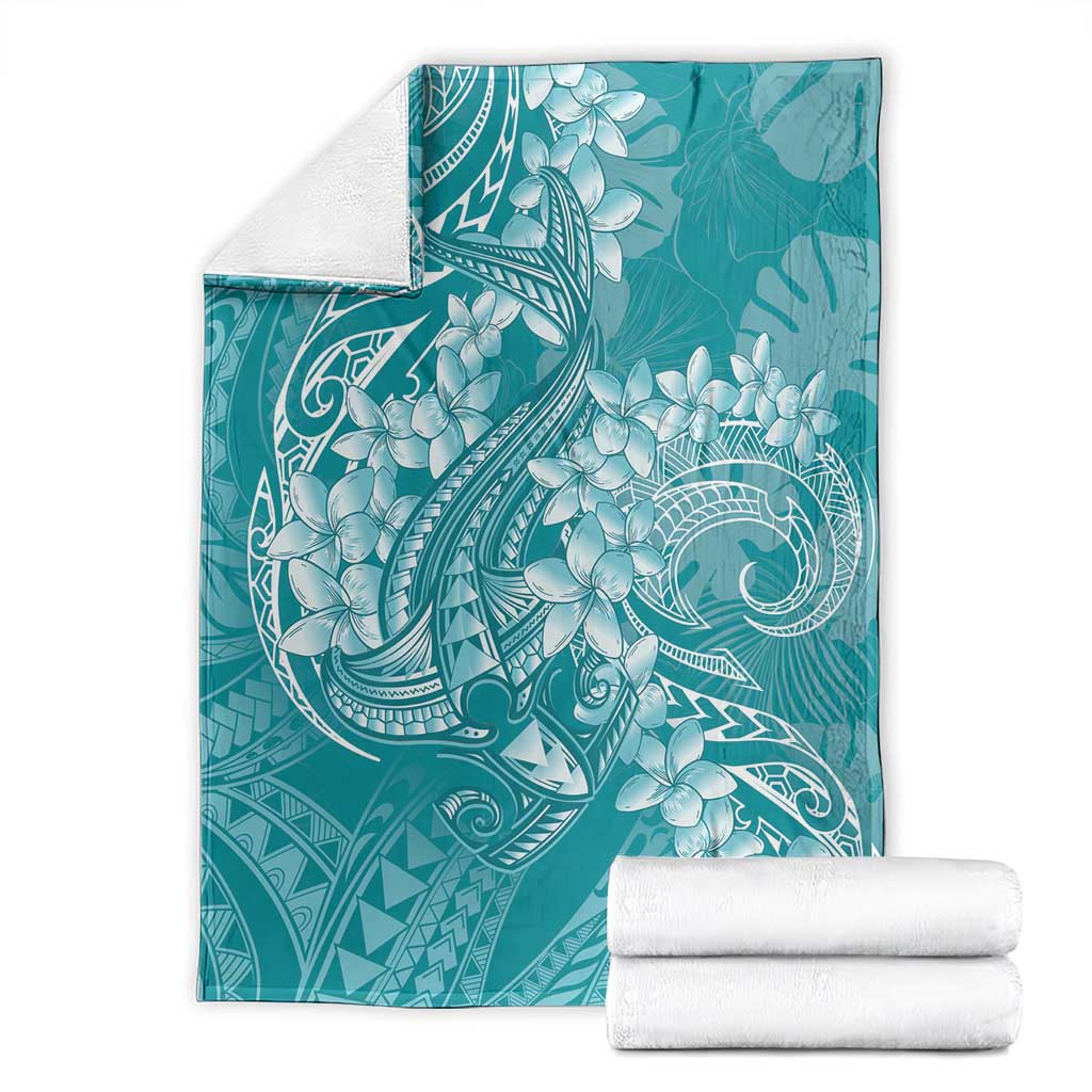 Teal Polynesia Hammerhead Shark Tattoo With Plumeria Lei Blanket