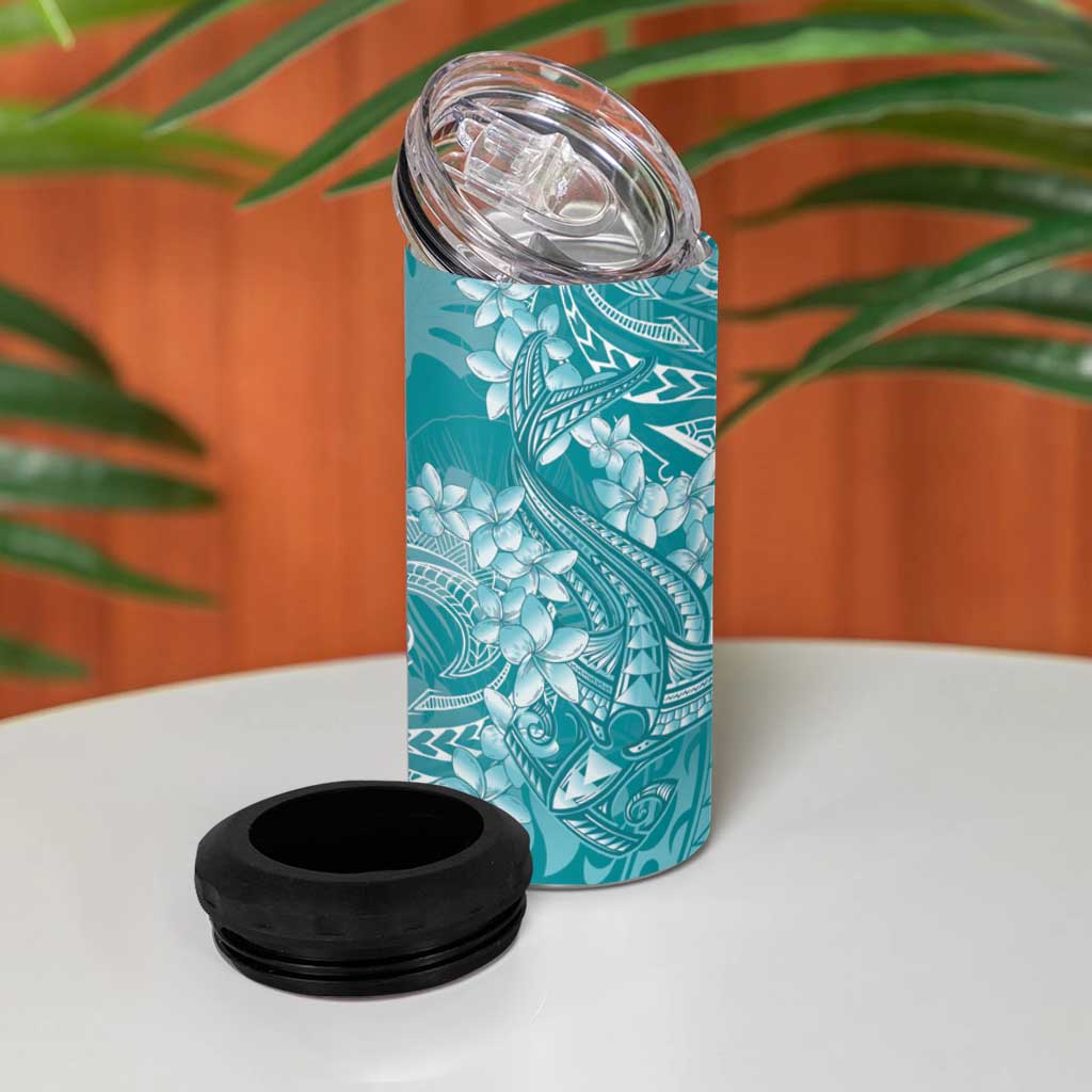 Teal Polynesia Hammerhead Shark Tattoo With Plumeria Lei 4 in 1 Can Cooler Tumbler