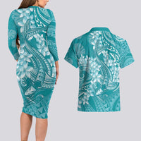 Teal Polynesia Hammerhead Shark Tattoo With Plumeria Lei Couples Matching Long Sleeve Bodycon Dress and Hawaiian Shirt LT14 - Polynesian Pride