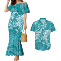 Teal Polynesia Hammerhead Shark Tattoo With Plumeria Lei Couples Matching Mermaid Dress and Hawaiian Shirt LT14 Teal - Polynesian Pride