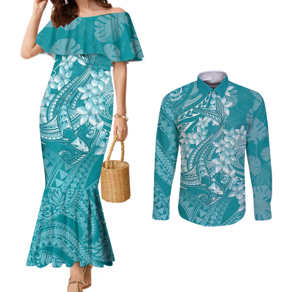 Teal Polynesia Hammerhead Shark Tattoo With Plumeria Lei Couples Matching Mermaid Dress and Long Sleeve Button Shirt LT14 Teal - Polynesian Pride